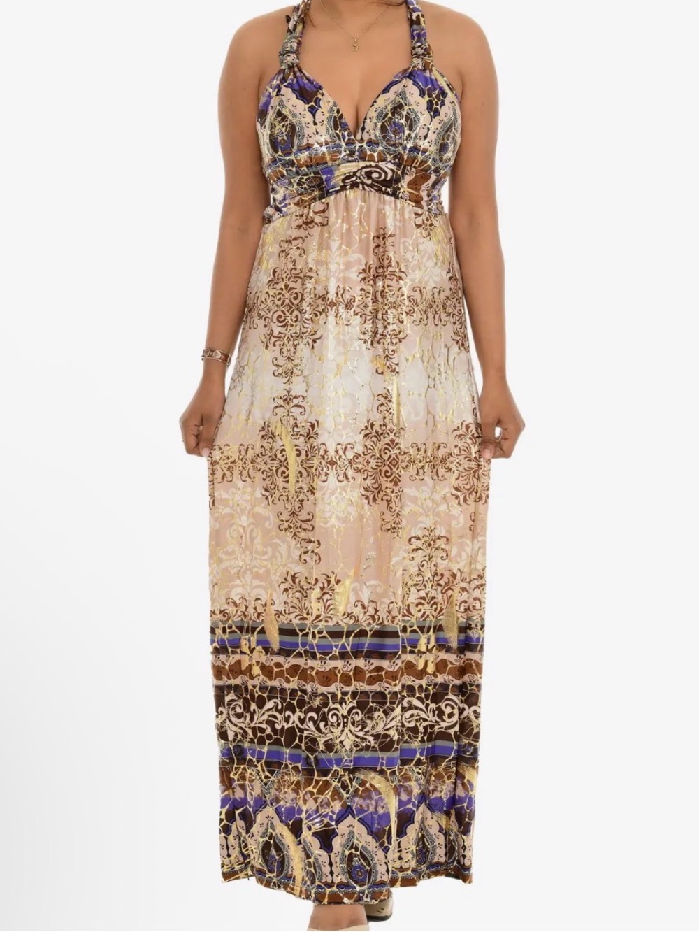 Shoreline Bohemian Printed Halter Maxi Dress - Beige, Purple & Gold foil S/M
